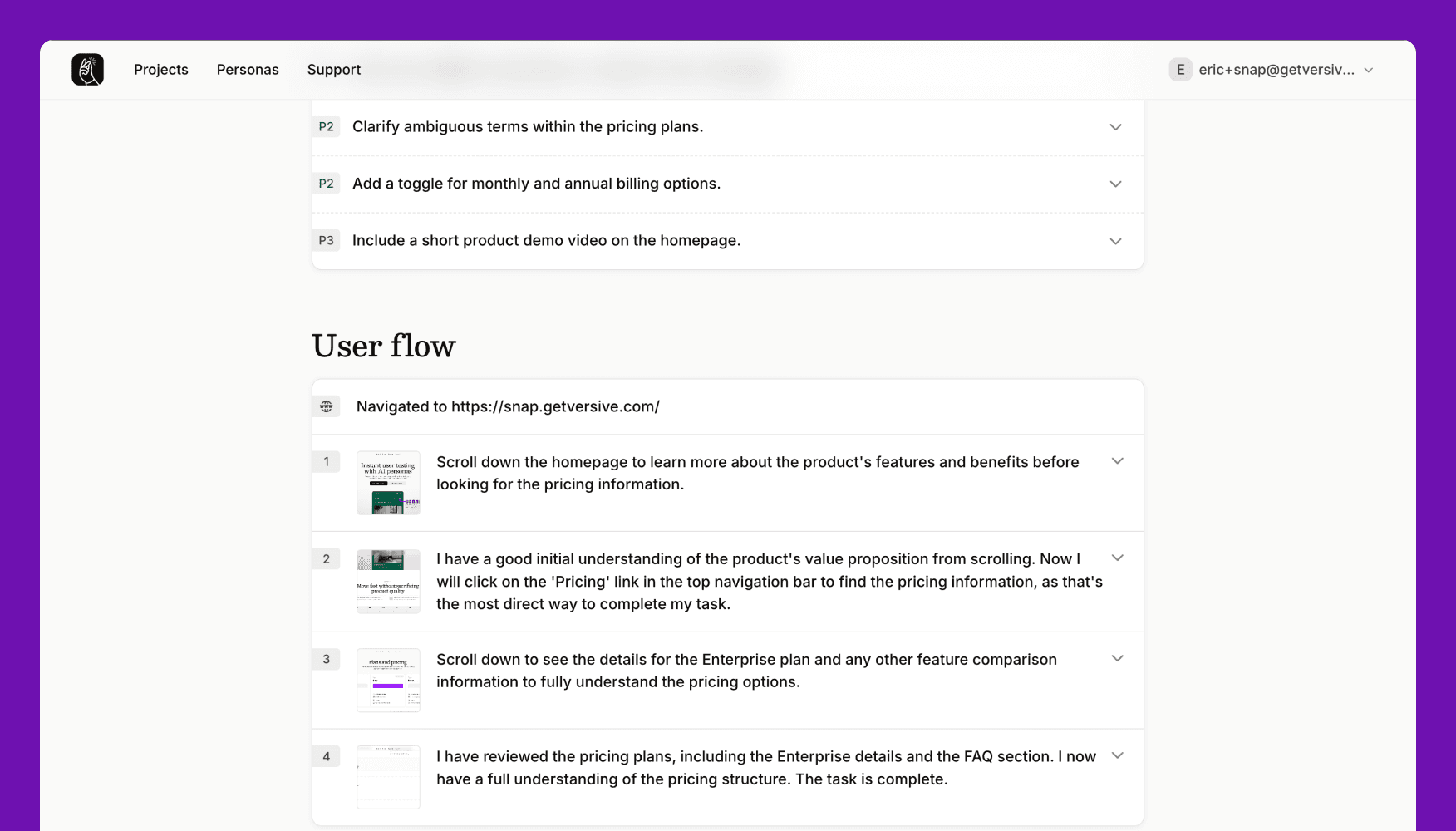 Test results page with image previews