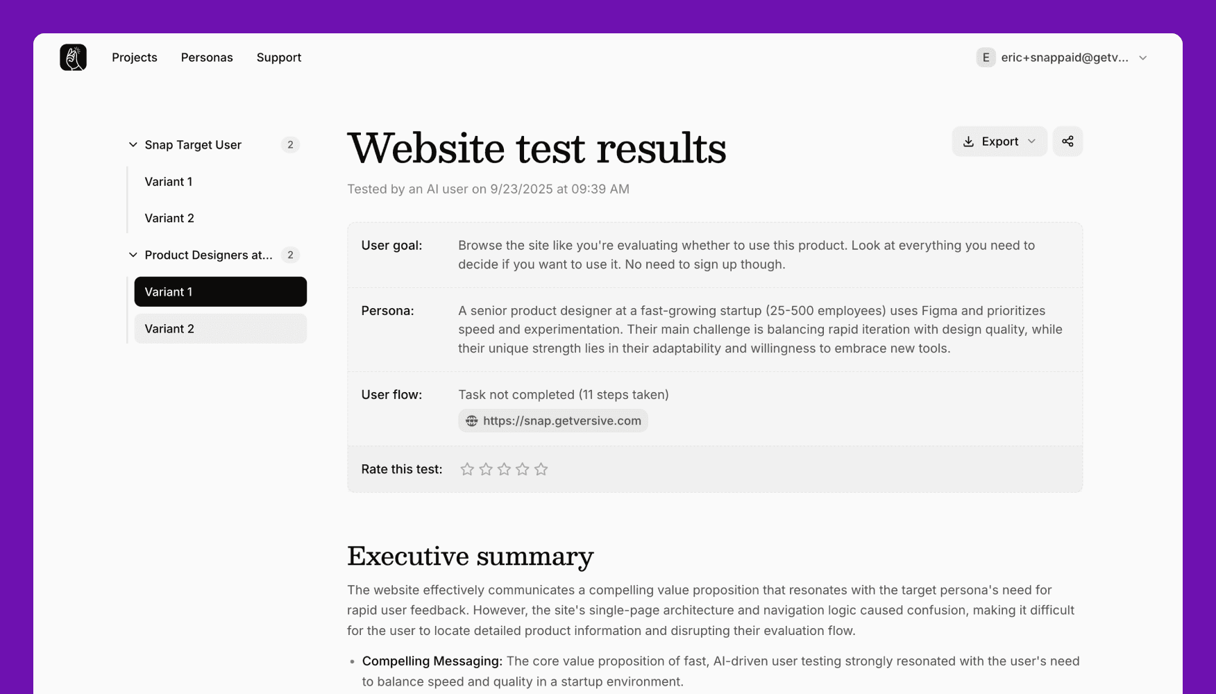 Multi-user website testing interface